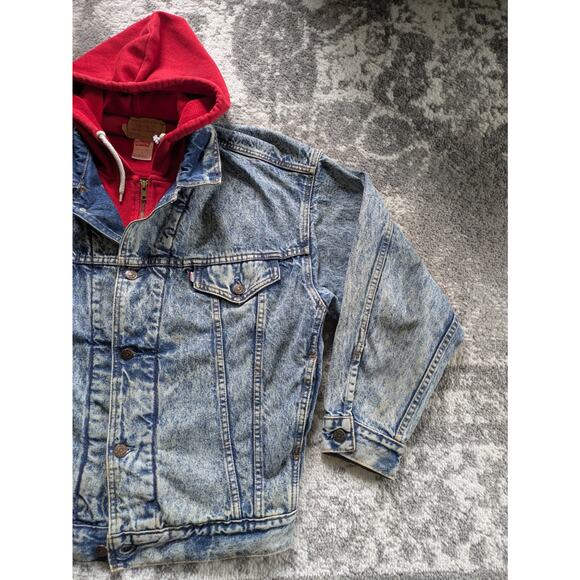 VTG 80s Levis Denim Trucker Jacket Acid Wash Fleece Hood - Medium Made in Canada - Picture 4 of 16